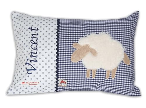 Glückspilz Namenskissen personalisiert, Babykissen mit Namen Bestickt, Schaf, Dunkel-Blau, 40 x 60 cm von Glückspilz-Shop
