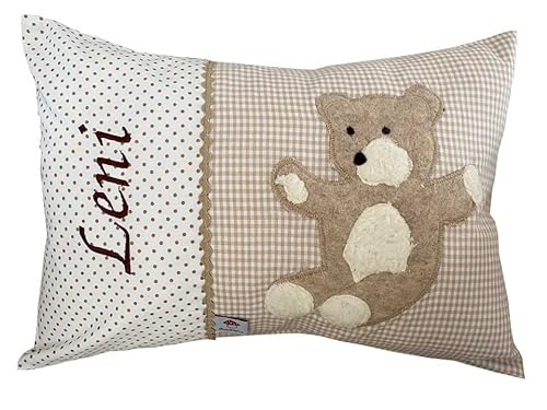 Glückspilz Namenskissen personalisiert, Babykissen mit Namen Bestickt, Teddybär, Beige, 25 x 35 cm von Glückspilz-Shop