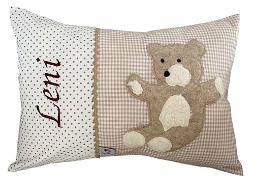 Glückspilz Namenskissen personalisiert, Babykissen mit Namen Bestickt, Teddybär, Beige, 40 x 60 cm von Glückspilz-Shop