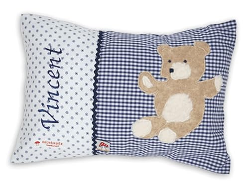 Glückspilz Namenskissen personalisiert, Babykissen mit Namen Bestickt, Teddybär, Dunkelblau, 25 x 35 cm von Glückspilz-Shop