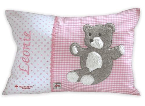 Glückspilz Namenskissen personalisiert, Babykissen mit Namen Bestickt, Teddybär, Rosa, 25 x 35 cm von Glückspilz-Shop