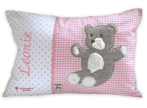 Glückspilz Namenskissen personalisiert, Babykissen mit Namen Bestickt, Teddybär, Rosa, 30 x 45 cm von Glückspilz-Shop