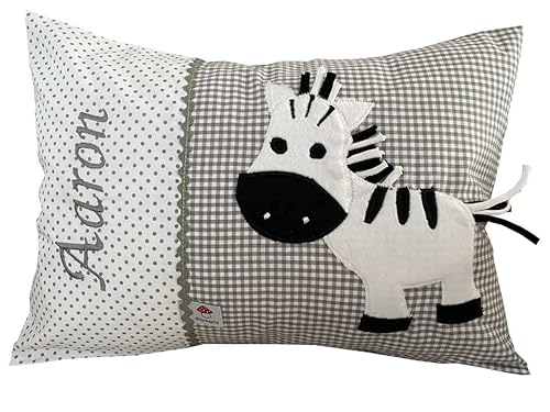 Glückspilz Namenskissen personalisiert, Babykissen mit Namen Bestickt, Zebra, Grau, 25 x 35 cm von Glückspilz-Shop