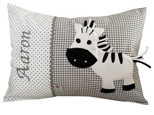 Glückspilz Namenskissen personalisiert, Babykissen mit Namen Bestickt, Zebra, Grau, 25 x 35 cm von Glückspilz-Shop
