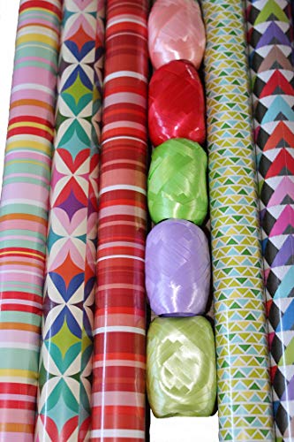4 Rollen Geschenkpapier je 200 cm x 70 cm + 100 m Geschenkband - 5 Rollen a 20 m. unterschiedliche Muster und Farben von Gluecksshop