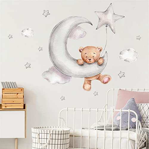Glücksvogel Kinderzimmer Deko Wandtattoo Bär mit Wolken Sterne Mädchen Junge Wandsticker Wandaufkleber für Spielzimmer Wanddeko Babyzimmer Wandbild Kinder (B, One Size) von Glücksvogel