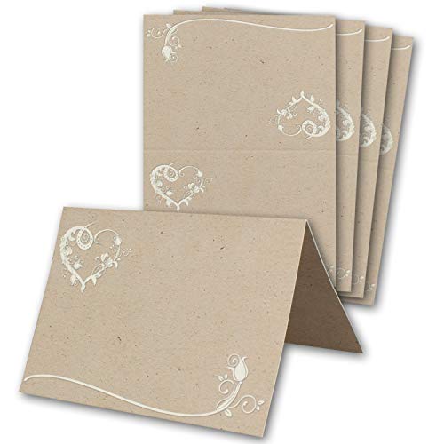 Glüxx Agent 10 Tischkarten Hochzeit - Kraftpapier-Optik mit Blumen-Ornament Herz - Platzkarten DIN A7 7,4 x 10,5 cm blanko bedruckbar zum Beschriften – Namenskarten, Tischreservierung für Taufe von Glüxx Agent