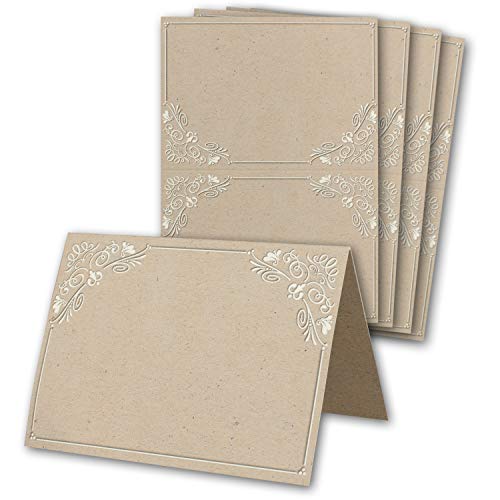 Glüxx Agent 100 Tischkarten Hochzeit - Kraftpapier-Optik mit Ornamenten - Platzkarten DIN A7 7,4 x 10,5 cm blanko bedruckbar zum Beschriften – Namenskarten, Tischreservierung für Taufe von Glüxx Agent