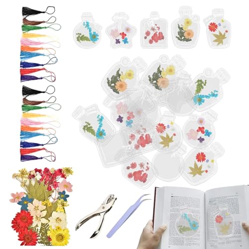 Getrocknete Blumenbücher, transparente Trockenblumen-Lesezeichen, transparente Gläser mit Trockenblumen – Floral Floral Made Designer für Schulprojekte von Glugahrif