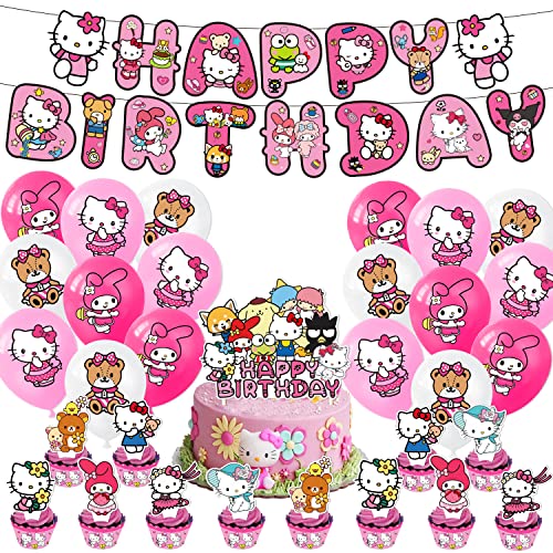 Glurak Kitty Ballon Kit für Kinder Geburtstag Party Dekoration mit Happy Birthday Banner und Kuchen Toppers. Kitty Kinder Geburtstag Zubehör für Mädchen Baby Dusche und Feiern von Glurak