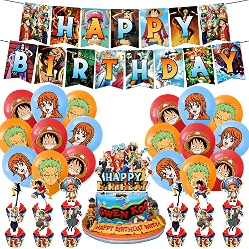 Glurak One Piece Ballon Kit für Kinder Geburtstag Party Dekoration mit Happy Birthday Banner und Kuchen Toppers. One Piece Kinder Geburtstag Zubehör für Mädchen Baby Dusche und Feiern von Glurak