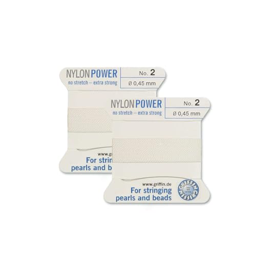 2 Stück Griffin Nylon Power Bead Perlenschnur Faden und Nadelgröße 2, Weiß, 0,45 mm, 2 m von Glz