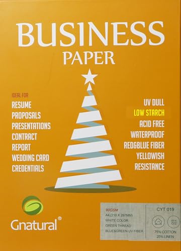 Business-Papier, 90 g/m², 75 % Baumwolle, 25 % Leinen, A4-Größe, weißes Druckpapier, 100 Blatt mit grünem Faden und UV-sichtbaren Fasern (geringe Stärke) von Gnatural