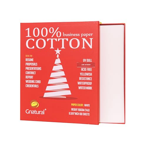 Business-Papier aus 100 % Baumwolle, 21,6 x 27,9 cm, 10,9 kg, Tintenstrahl-Laserdruckpapier, weiß, wasserfest, Wasserzeichenpapier, 100 Blatt, geringe Stärke von Gnatural