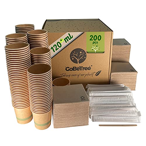 200 Einweg-Kraft-Kaffeetassen für Espressokaffee 120 ml mit Holzrührern in Papiertüte für Kaffee und recycelte Servietten von GoBeTree