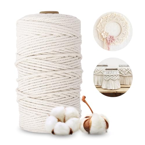 Makramee Garn 3mm x 100m, 3mm Baumwollgarn Macrame Cord, Baumwollkordel Natur 100m, Baumwoll Bastelschnur Garn, Baumwollschnur für DIY Handwerk, Basteln Stricken, Boho Deko Wandbehang, Beige von GoGou