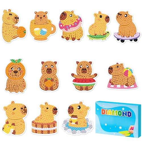 GoaePode Capybara Diamond Art Painting Sticker Set - 12-teilig Kinder DIY Bastelset mit Tier-Motiven, Einfache 5D Mosaik-Aufkleber für Jungen & Mädchen von GoaePode