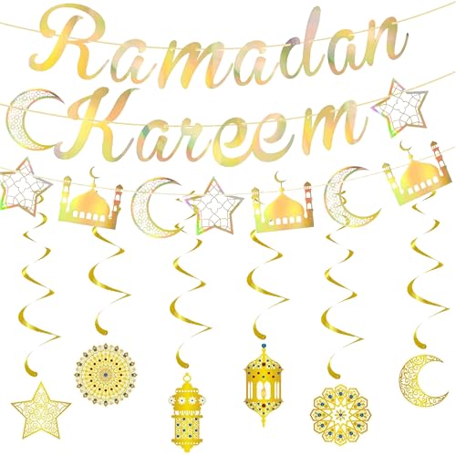 GoaePode Ramadan Mubarak Hängendes Banner, Ramadan Kareem Eid Mubarak Hängende Dekorationen, Gold Stern Mond Laterne Spirale Luftschlangen für Islamische Feiern und Moschee Ausgehöhlte Partyzubehör GoaePode Ramadan Mubarak Hängendes Banner, Ramadan Kareem Eid Mubarak Hängende Dekorationen, Gold Stern Mond Laterne Spirale Luftschlangen für Islamische Feiern und Moschee Ausgehöhlte Partyzubehör von GoaePode