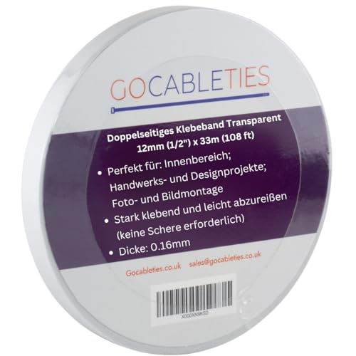 GOCABLETIES Doppelseitiges Klebeband Transparent, 12 mm x 33 m, Starkes Klebeband für Basteln, Dekorieren, 1 Rolle von GOCABLETIES