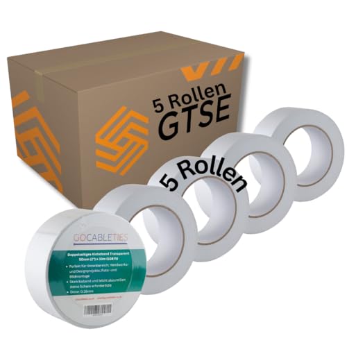 GOCABLETIES Doppelseitiges Klebeband Transparent - 5 Rollen - 50 mm x 33 m, Starkes Klebeband für Basteln, Dekorieren und Teppiche GOCABLETIES Doppelseitiges Klebeband Transparent - 5 Rollen - 50 mm x 33 m, Starkes Klebeband für Basteln, Dekorieren und Teppiche von GOCABLETIES