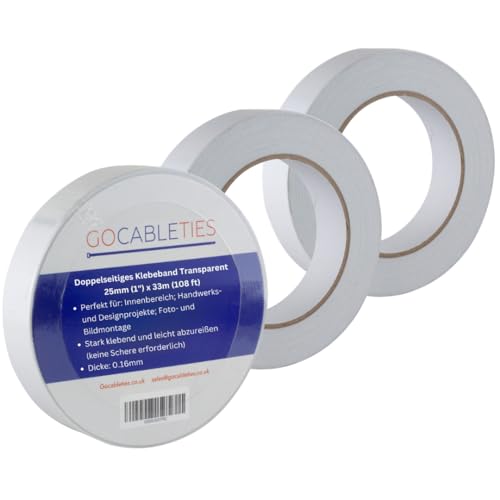 GOCABLETIES Doppelseitiges Klebeband Transparent, 25 mm x 33 m, Starkes Klebeband für Basteln, Dekorieren, 3 Rollen GOCABLETIES Doppelseitiges Klebeband Transparent, 25 mm x 33 m, Starkes Klebeband für Basteln, Dekorieren, 3 Rollen von GOCABLETIES