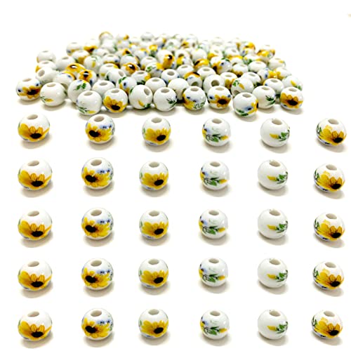 Gocelyn 100 Stück 8 mm Sonnenblumen-Keramikperlen, Porzellan, Blumen, runde Perlen, DIY-Distanzperlen, Sonnenblumenmuster, Perlen für handgefertigten Schmuck, Armbänder, Halsketten von Gocelyn