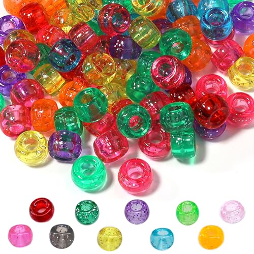 Gocelyn 2000pcs 6x9mm Glitter Pony Perlen Bulk, glatte Kunststoff Handwerk Pony Perlen Seed Beads mit großem Loch für DIY Handwerk Kandi Schmuck Herstellung Haar Flechten von Gocelyn