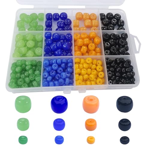 Gocelyn 372 Stück Scheiben-Rundel-Trommel-förmige Zylinder-Glasperlen in 3 Größen für DIY-Handarbeitsgeschenke, Armreife, Halsketten, Anhänger und Zubehör (Farbe: Schwarz/Orange/Blau/Grün) von Gocelyn