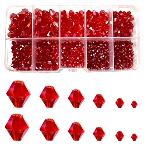 Gocelyn 900 Stück 6 Größen Kristallglas-Bicone-Facettenperlen in AB-Farbe (Rot), Rondelle-Kristallperlen Sortiment Spacer-Lose Perlen für Schmuckherstellung, Fundstücke für Armbänder, Anhänger von Gocelyn