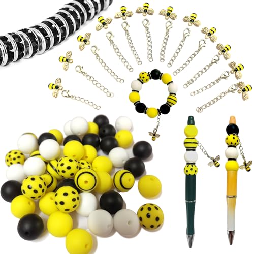 Gocelyn Bienen-Themen Silikonperlen für beadbare Stifte, Schwarze Weiße Runde Perlen Gelbe Gestreifte Silikonlose Perlen Bienenbedruckte Abstandperlen für DIY Basteln Halskette von Gocelyn