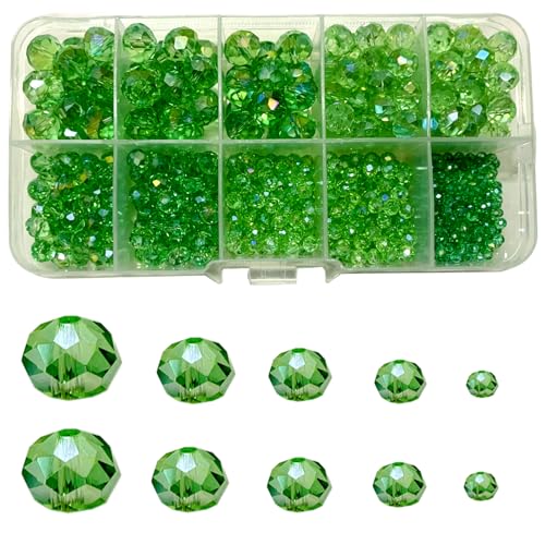 Gocelyn Kristallglas facettierte Perlen in AB-Farbe (grün), Rondelle sortiertes Zubehör Abstandshalter lose Perlen für die Schmuckherstellung Armbänder Anhänger (2 mm, 4 mm, 6 mm, 8 mm, 10 mm) von Gocelyn