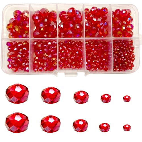 Gocelyn Kristallglas facettierte Perlen in AB-Farbe (rot), Rondelle Assorted Supplies Spacer Lose Perlen für Schmuckherstellung Erkenntnisse Armbänder Anhänger (2 mm, 4 mm, 6 mm, 8 mm, 10 mm) von Gocelyn