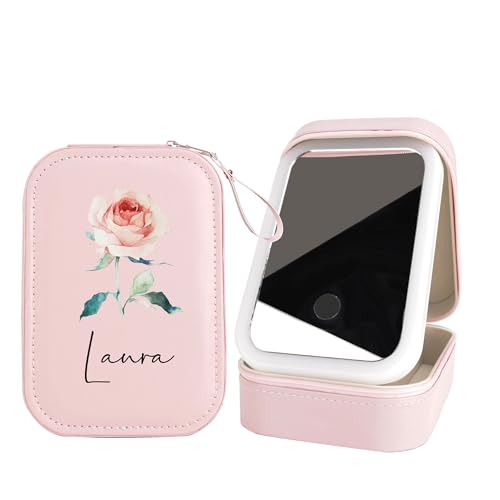 Godchoices Personalisierte Reise-Schmuckschatulle mit Geburtsblumen und Spiegel, Reise-Make-up-Etui mit Individuellem Namen und LED-Spiegel, Tragbare Make-up-Box mit beleuchtetem Spiegel für Frauen Godchoices Personalisierte Reise-Schmuckschatulle mit Geburtsblumen und Spiegel, Reise-Make-up-Etui mit Individuellem Namen und LED-Spiegel, Tragbare Make-up-Box mit beleuchtetem Spiegel für Frauen von Godchoices