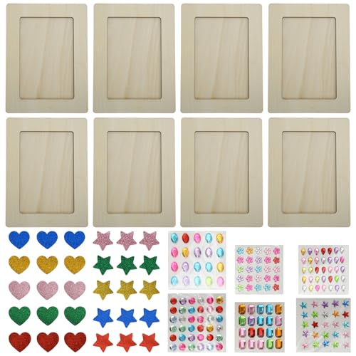 Godneei 8er-Pack DIY-bilderrahmen holz-Set für 6 x 4 Zoll große Bilder, bilderrahmen Innenmaße 10x15cm mit 6 Diamant-Aufklebern und 2 Glitzer-Aufklebern von Godneei