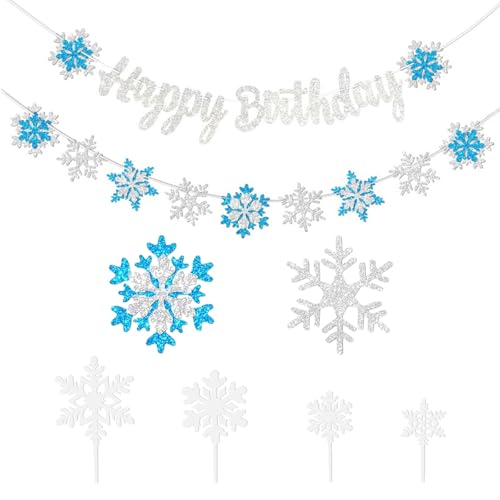 Schneeflocken-Geburtstagsdeko-Set Happy Birthday-Flagge Schneeflockenförmiger Torteneinsatz von Godneei