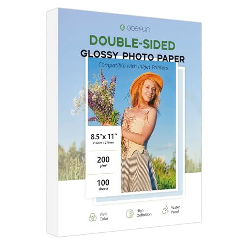 Doppelseitiges glänzendes Fotopapier, 8,5 x 11, 100 Blatt, Goefun 200 g/m²/24,5 kg Tintenstrahldrucker-Papier, 8,5 x 11 cm, glänzend zum Basteln, Chip-Tüten, Kalender, Speisekarten, Karten und Doppelseitiges glänzendes Fotopapier, 8,5 x 11, 100 Blatt, Goefun 200 g/m²/24,5 kg Tintenstrahldrucker-Papier, 8,5 x 11 cm, glänzend zum Basteln, Chip-Tüten, Kalender, Speisekarten, Karten und von Goefun