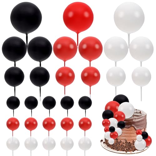 30 Stück Kugel-Kuchenaufsätze, DIY-Kucheneinsatz, Kugel-Kuchenspieße, Cupcake-Topper für Geburtstagsparty, Babyparty, Hochzeit, Kuchendekoration (schwarz, weiß, rot) von Goensjt