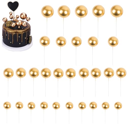 30 Stück Kugeln, Kuchendekoration, DIY-Kucheneinsatz, Kugel-Kuchenspieße, Cupcake-Topper für Geburtstagsparty, Abschlussfeier, Hochzeit, Kuchendekoration (Gold) von Goensjt
