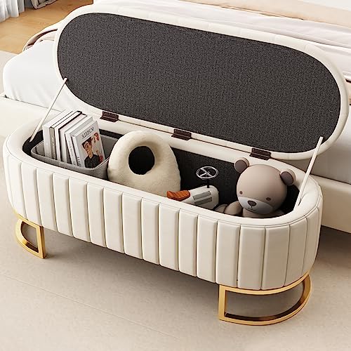 Goeria Stauraum-Schlafkoffer und Fußbank, Sofabank Bank, gepolsterte Fußbank mit Stauraum, Samtstoff (Beige, 120x40cm) von Goeria