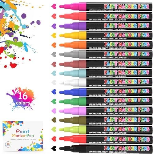 Goffii Steine Bemalen Stifte Lackstift Acrylstifte Wasserfest, 16 Farben Permanent Marker Paint Pen Set Schnelltrocknend für Stein Schwarzes Papier Glas Kunststoff Keramik Metall Holz DIY von Goffii