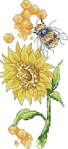 Gofission Kreuzstich Set Vorgedruckt Stickpackungen, Bienen und Sonnenblumen 14ct Stickset 13x22cm mit Stoff Vorlagen für Erwachsene Anfänger von Gofission