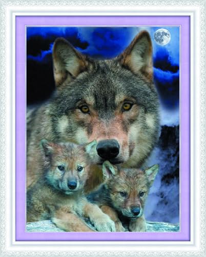 Gofission Kreuzstich Set Vorgedruckt Stickpackungen, Drei graue Wölfe in der Nacht 11ct Stickset 36x46cm mit Stoff Vorlagen für Erwachsene Anfänger von Gofission