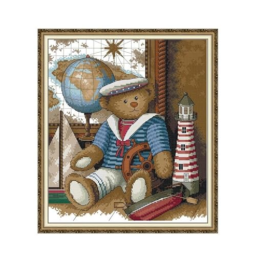 Gofission Kreuzstich Set Vorgedruckt Stickpackungen, Seemann Bär 11ct Stickset 43 x 48 cm mit Stoff Vorlagen für Erwachsene Anfänger von Gofission