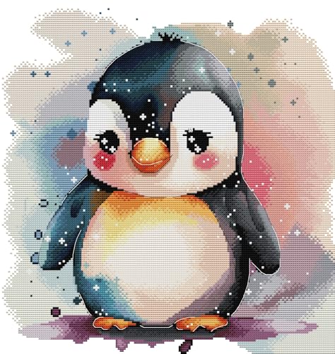 Gofission Kreuzstich Set Vorgedruckt Stickpackungen, Süßer kleiner Pinguin 11ct Stickset 47 x 50 cm mit Stoff Vorlagen für Erwachsene Anfänger von Gofission