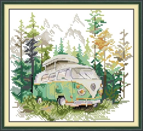 Gofission Kreuzstich-Set für Erwachsene, Anfänger, alter Campingbus, vorgedrucktes Kreuzstich-Stickset mit Zubehör, Wanddekoration, 26 x 21 cm (Bus) von Gofission