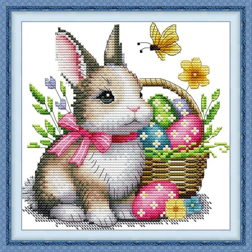 Gofission Kreuzstich-Set mit 14 Karat Prägung für Erwachsene und Anfänger, Ostereihase, DIY, vorgedrucktes Kreuzstich-Stickset mit Zubehör, Wanddekoration, 19 x 19 cm (Hase) von Gofission