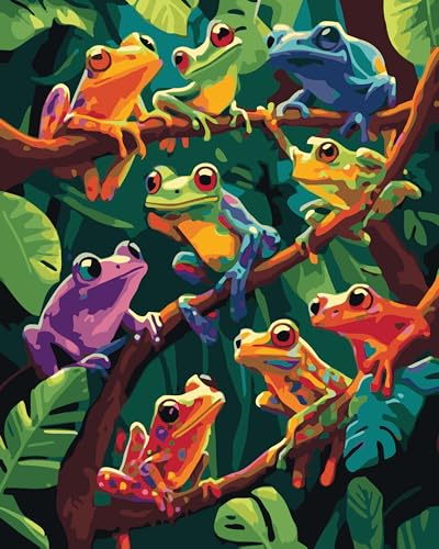 Gofission Malen nach Zahlen, buntes Frosch-Party, 40,6 x 50,8 cm, Leinwand, DIY-Zahlen-Malset, ohne Rahmen (Frosch) von Gofission