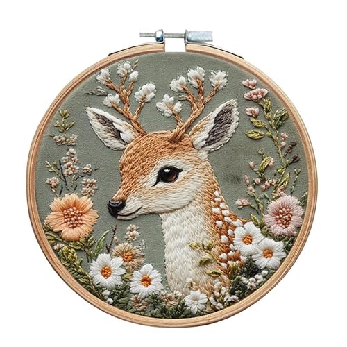 Gofission Stickset für Erwachsene Anfänger Tier Kleine Hirsche und Blumen DIY Vorgedrucktes Stoffset mit Zubehör für Wohnkultur (Hirsch) von Gofission