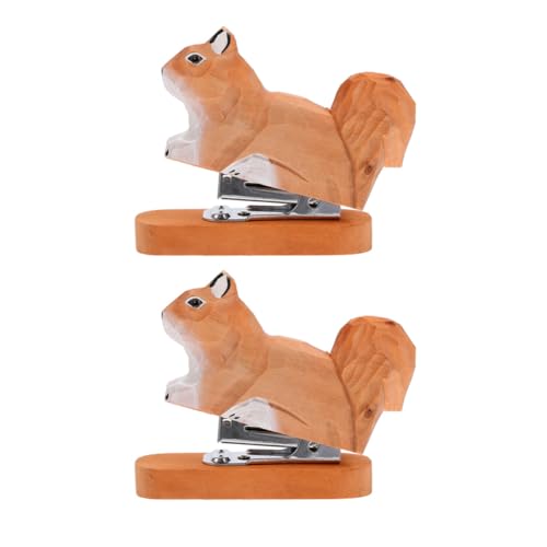 Gogogmee 2 Stück Mini Holz Tacker mit Handgeschnitztem Eichhörnchen Design Kompakter Ergonomischer Bürohefter für Kleine Papiermengen Tragbares Dekoratives Büroaccessoire von Gogogmee