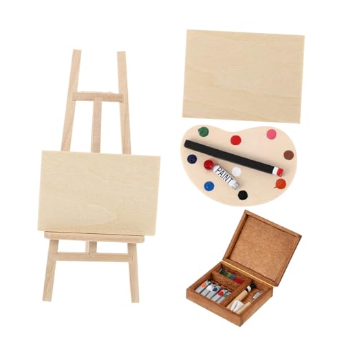 Gogogmee 4 Stück Miniatur Staffelei Set Teilig Holzgemälde Leinwand Palette Farbkasten Puppenhaus Zubehör für Miniaturmalerei und Dekoration von Gogogmee